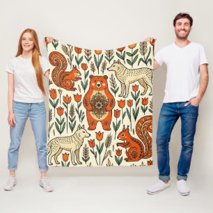 Folk Art Nordic Bear Wolf Squirrel Blanket