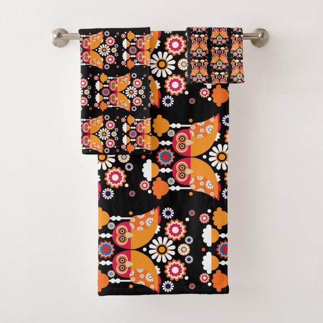 Folk Art Owl Bath Towel Set (Insitu)