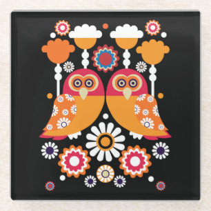 Folk Art Owl Glass Coaster