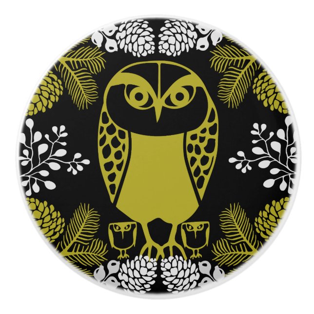 Folk Art Owl Prints Ceramic Knob (Front)