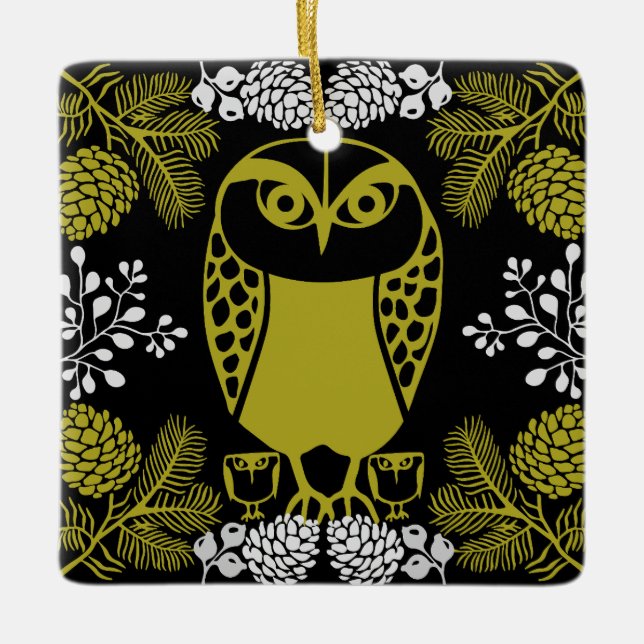 Folk Art Owl Prints Ceramic Ornament (Front)