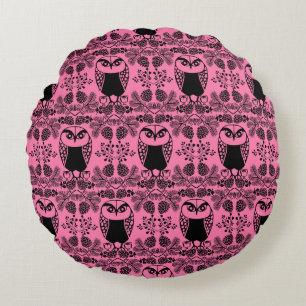 Folk Art Owl Prints Round Pillow