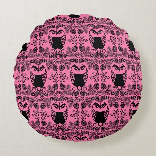 Folk Art Owl Prints Round Pillow (Front)