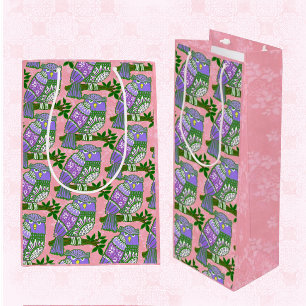 Folk Art Owl Purple Pink Wine Gift Bag