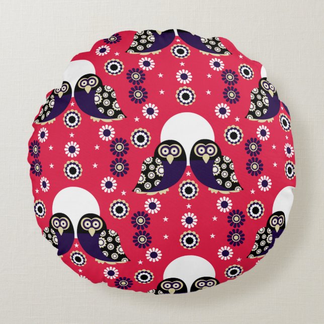 Folk Art Owl Round Pillow (Front)