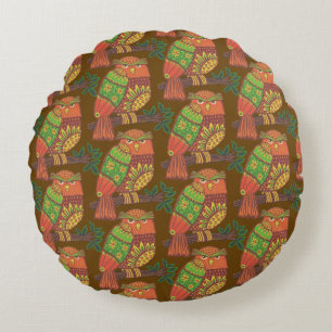 Folk Art Owls on Branches Kids Brown  Round Pillow