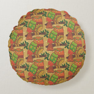 Folk Art Owls on Branches Kids Round Pillow