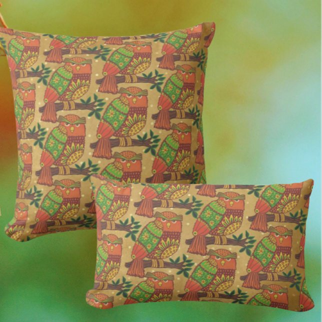 Folk Art Owls on Branches Kids  Throw Pillow (Creator Uploaded)