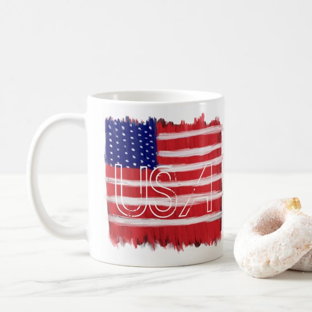 Folk Art Painted Flag USA Coffee Mug (With Donut)