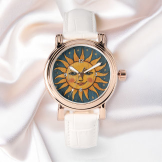 Folk Art Painted Sun Face On Wood Planks Ladies Watch