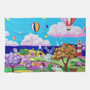 Folk art painting - happy seaside kitchen towel