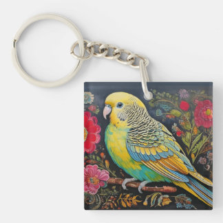 Folk Art Parakeet with Flowers Keychain