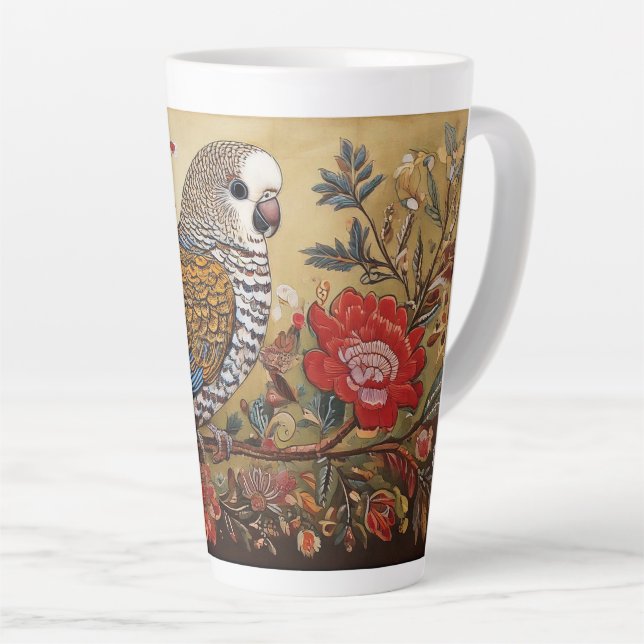 Folk Art Parakeet with Flowers Latte Mug (Right Angle)