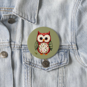 Folk Art Patchwork Owl Cottagecore 3 Inch Round Button