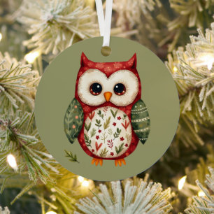 Folk Art Patchwork Owl Cottagecore Metal Ornament