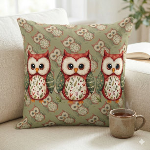 Folk Art Patchwork Owl Cottagecore Throw Pillow