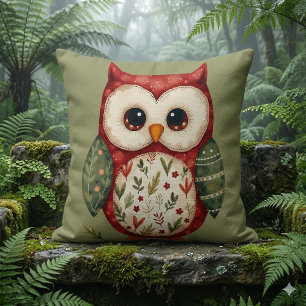 Folk Art Patchwork Owl Cottagecore Throw Pillow