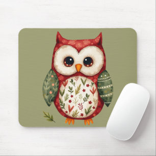 Folk Art Patchwork Owl Cottagecore Woodland Mouse Pad