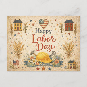 Folk Art Patriotic Happy Labour Day Holiday Postcard