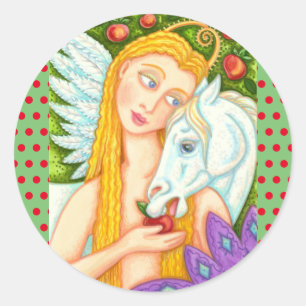 FOLK ART PEGASUS AND EVE IN GARDEN OF EDEN, HORSE CLASSIC ROUND STICKER