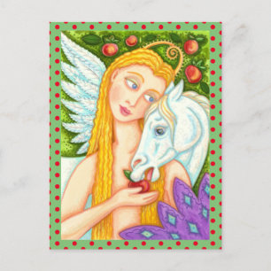 FOLK ART PEGASUS AND EVE IN GARDEN OF EDEN, HORSE POSTCARD