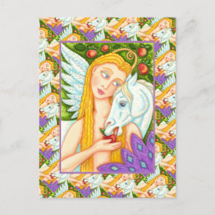 FOLK ART PEGASUS AND EVE IN GARDEN OF EDEN, HORSE POSTCARD