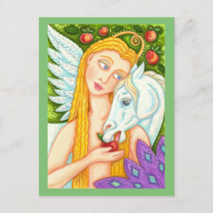 FOLK ART PEGASUS AND EVE IN GARDEN OF EDEN, HORSE POSTCARD