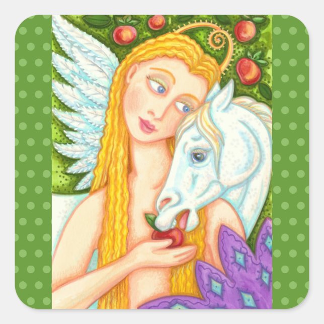 FOLK ART PEGASUS AND EVE IN GARDEN OF EDEN, HORSE  SQUARE STICKER (Front)
