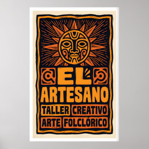 Folk Art Poster Sun Face Bold Block Print in