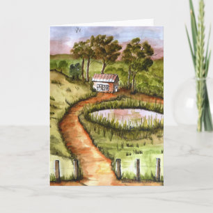 Folk Art Print, Small Art, Cabin, Woods, Painting  Card