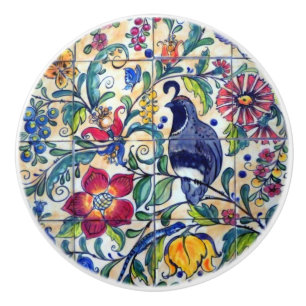 Folk Art Quail Lizard Floral Colourful Southwest   Ceramic Knob