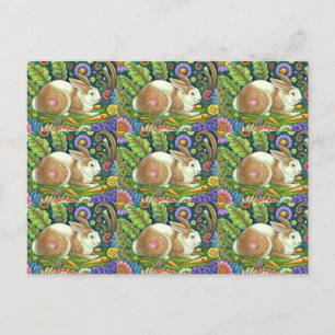 FOLK ART RABBIT & BLUEBIRD IN SECRET GARDEN POSTCARD