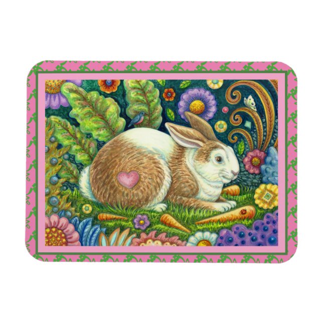 FOLK ART RABBIT, BLUEBIRD, WHIMSICAL SECRET GARDEN MAGNET (Horizontal)
