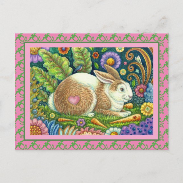 FOLK ART RABBIT, BLUEBIRD, WHIMSICAL SECRET GARDEN POSTCARD (Front)