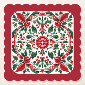 Folk art red and green paper coaster
