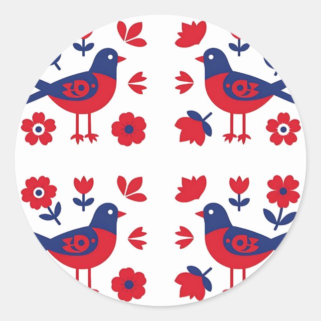 Folk Art Red Blue Bird Floral Pattern Classic Round Sticker (Front)