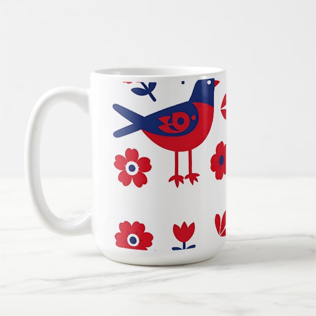 Folk Art Red Blue Bird Floral Pattern Coffee Mug (Left)