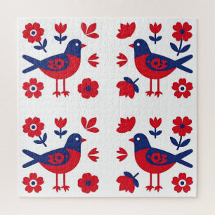 Folk Art Red Blue Bird Floral Pattern Jigsaw Puzzle