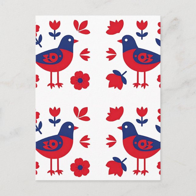 Folk Art Red Blue Bird Floral Pattern Postcard (Front)