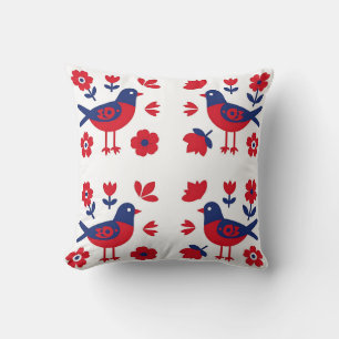 Folk Art Red Blue Bird Floral Pattern Throw Pillow
