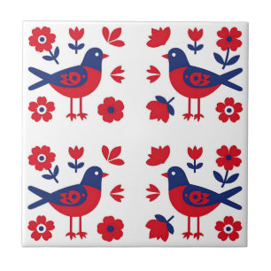 Folk Art Red Blue Bird Floral Pattern Tile