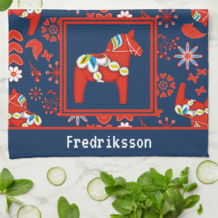 Folk Art Red Floral Dala Horse Kitchen Towel