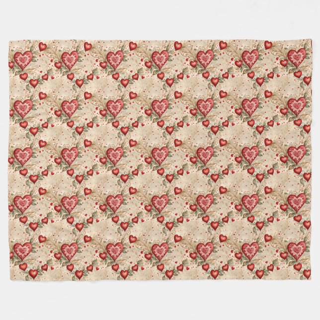 Folk Art Red Hearts  Fleece Blanket (Front (Horizontal))