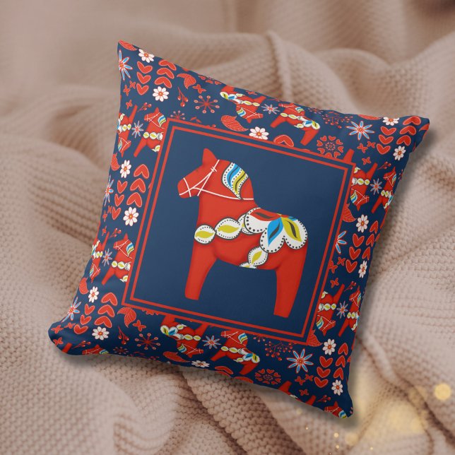 Folk Art Red Swedish Dala Horse and Pattern Throw Pillow (Creator Uploaded)