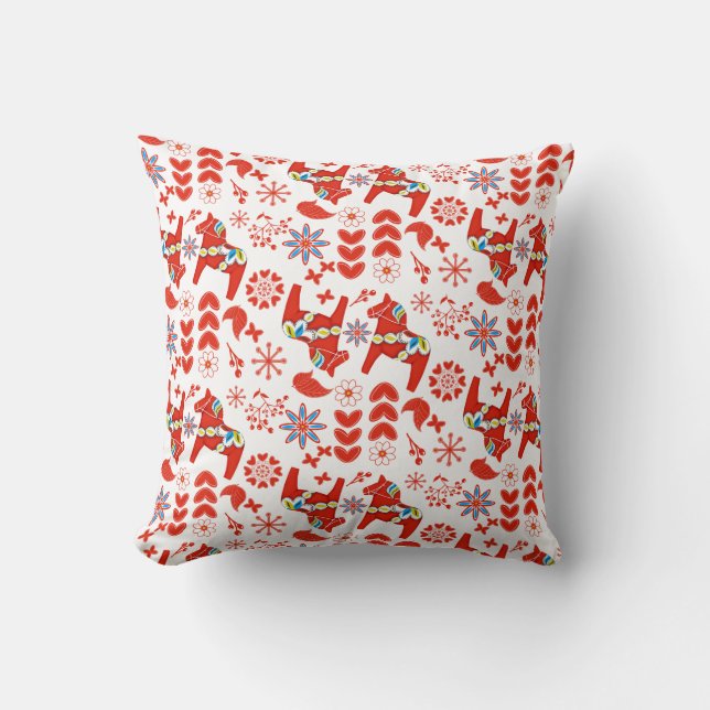 Folk Art Red Swedish Dala Horse Floral Pattern Throw Pillow (Front)