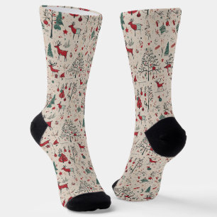 Folk Art Reindeer Socks Primitive Christmas