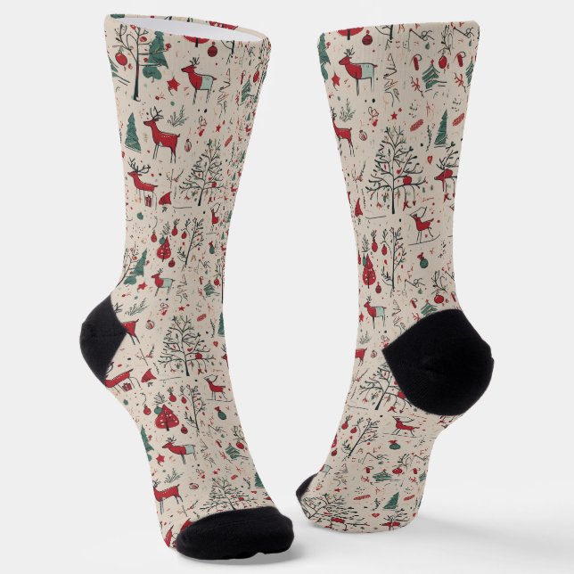 Folk Art Reindeer Socks | Primitive Christmas (Angled)