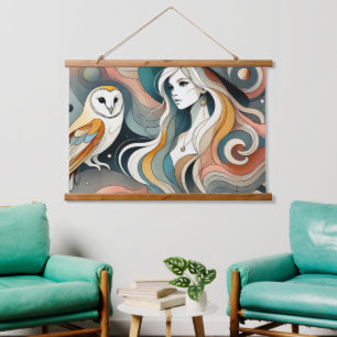 Folk Art Retro Owl and Boho Witch  Hanging Tapestry