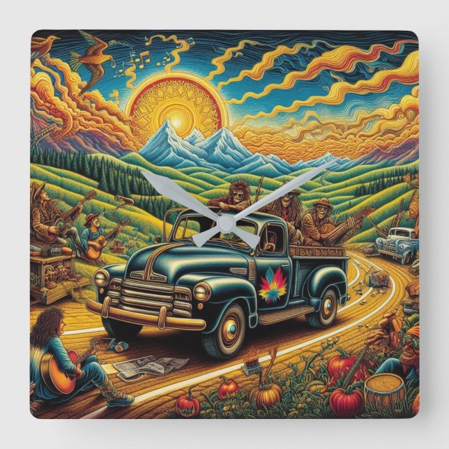 Folk Art Road Trip Square Wall Clock (Front)