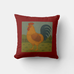 Folk Art Rooster – Rustic Country Chicken Illustra Throw Pillow
